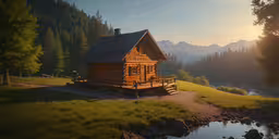 the log house is nestled in the mountains,a small house sitting in the middle of a grassy field