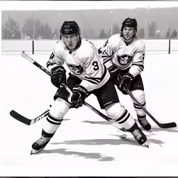 a couple of people on a court with some hockey poles