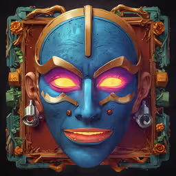 a blue man wearing orange hair and an elaborate head piece,a blue face with gold accents and an ornate frame
