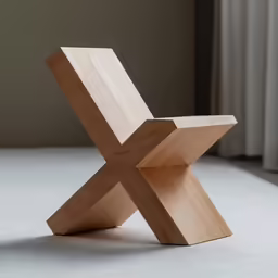 a wooden chair sitting on top of a gray carpet