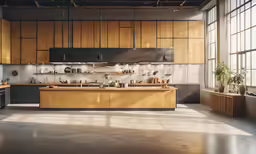 a kitchen with a stove and two counters