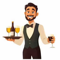 a man in a vest is holding two wine glasses and a tray with some beer