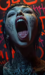 a woman is screaming while covered in paint