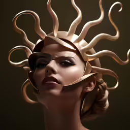 woman with hair like an octopus and a hat made out of gold