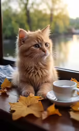 a cat looking out of the window with autumn leaves