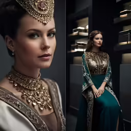 a woman dressed in an elaborate indian bridal gown and headpiece