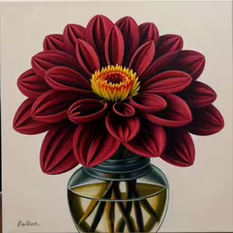 the painting of a flower in a vase on the wall,an oil painting of a flower in a glass vase