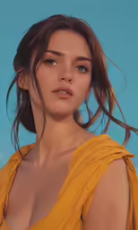 a woman with long hair is posing in a yellow dress