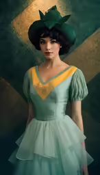 a woman is wearing a green dress and a hat