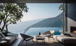 a living room has a glass wall with the lake in the background