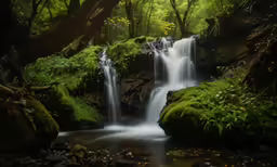 waterfall with green moss and rock walls in forest