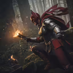 a man in a costume holding a gun and fire