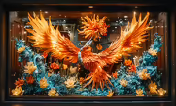 a beautiful glass bird in an orange and blue display