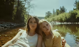 two women sitting by the water posing for a photo