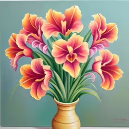 a painting of orange and purple flowers in a golden vase,a painting shows flowers in a vase on the table,painting of orange and yellow flowers in a gold vase,a yellow vase full of pink and yellow flowers,a painting of a yellow vase with pink and purple flowers