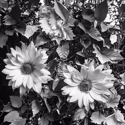 the sunlit flowers of a sunflower tree, in black and white