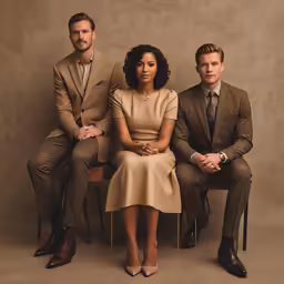 two young men and a woman sitting on a chair with the man in the dress and a man in a suit