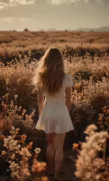 the back end of a woman walking through tall grass