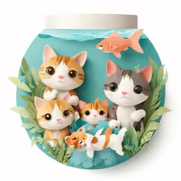 a fish bowl is adorned with cats and kittens