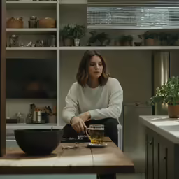 a woman sitting down in the kitchen while holding onto a bowl