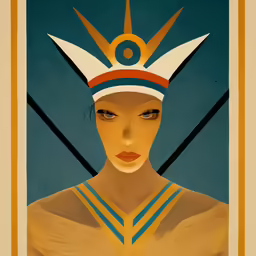 the egyptian woman wearing an eagle hat is shown in this art deco painting