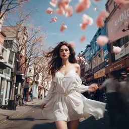 woman in white dress walking down street with flying hearts