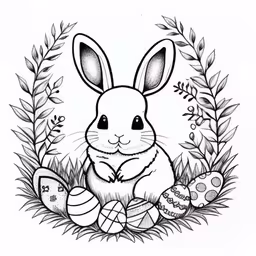 the bunny rabbit is sitting in an easter wreath,a coloring page with an outline of a bunny sitting on an egg with eggs,an easter bunny in a wreath coloring page,an easter bunny with a wreath, some eggs and flowers,a drawing of a rabbit in the grass