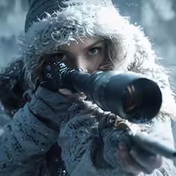 a person dressed in winter clothes shooting a rifle