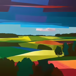an abstract painting depicting some trees and fields
