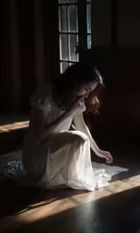the woman in a white dress is on the floor