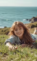 a woman laying down in the grass and smiling