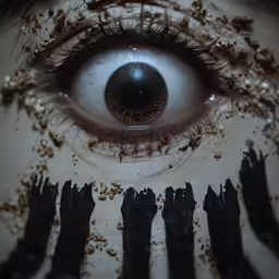 an extreme close up photo of hands and eye
