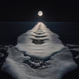 the moon is setting over the ocean and a snow - covered path