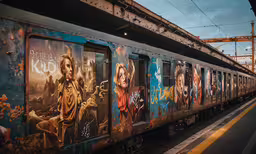 a train with many pictures is parked on a track,there is a train with a series of movie pictures on it
