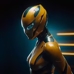 an alien woman dressed in gold with black eyes and no shirt on