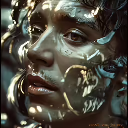 a woman is shown with shiny paint and white and black paint