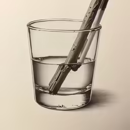 a pencil drawing of a glass with water and an old wooden stick sticking out