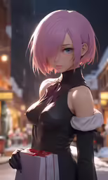 an animation character in pink hair is holding a bag