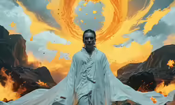 a man dressed as god and standing in front of a blazing orange backdrop
