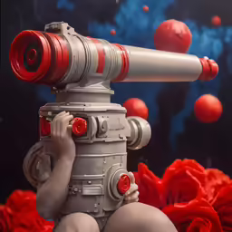 a child peers through a telescope with bright red balls in the background