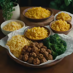 several bowls of rice, broccoli and other food on a table