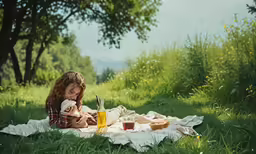 a young lady sitting on a blanket with food and wine