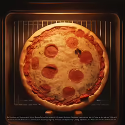 a large pizza on a rack inside an oven