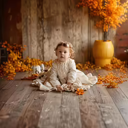 a small child sitting on a hardwood floor near yellow flowers