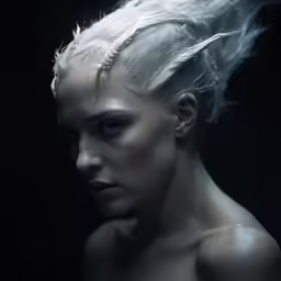 a woman with white hair is looking to her left