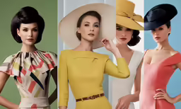 three women in various styles of hats and dresses