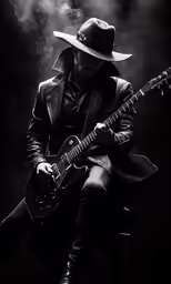 a man in leather clothing plays an electric guitar