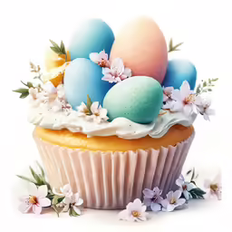 a cupcake decorated with white frosting and colorful eggs
