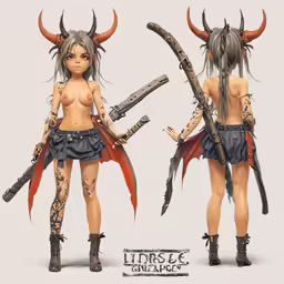 a female character wearing short shorts with horns and tattoos holding two large, metal, rusty weapons