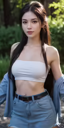 a girl in a top and jean skirt standing outdoors